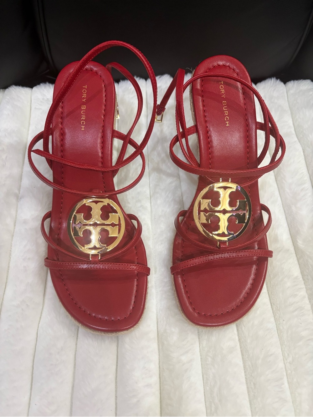 Tory Burch Red Strappy Sandals with Gold Logo Medallion